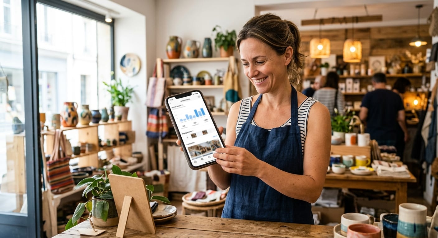 Commerçant artisan souriant vérifiant les statistiques de ses publications sociales sur un smartphone dans sa boutique