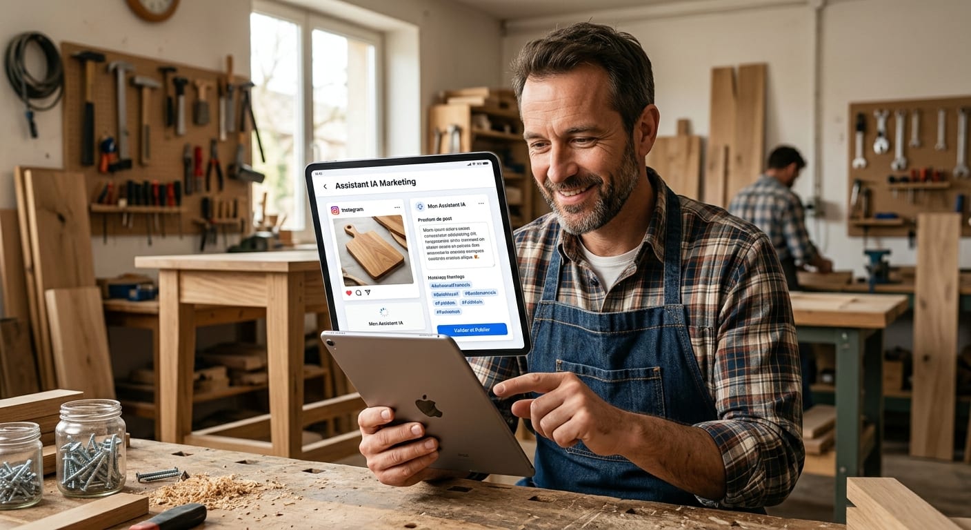 Commerçant artisan utilisant une application moderne sur tablette pour valider un post sur les réseaux sociaux dans son atelier