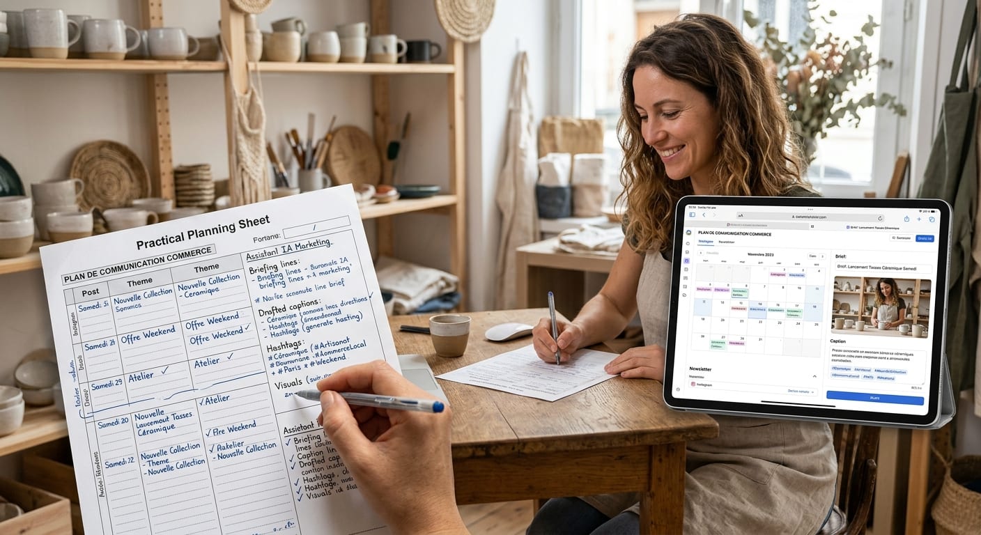 Aperçu d'une fiche pratique synthétique sur papier et écran pour planifier la communication d'un commerce